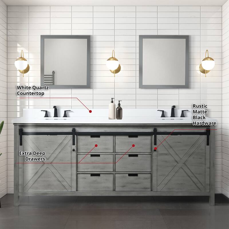 Marsyas 84 in W x 22 in D White Double Bath Vanity, Grey Quartz Countertop and 34 in Mirrors