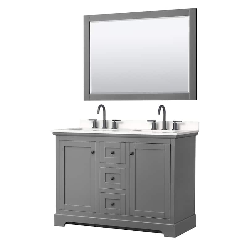 Avery 48-inch Double Vanity, Quartz Top, 46-inch Mirror - Dark Gray, Black Trim, White Quartz Top