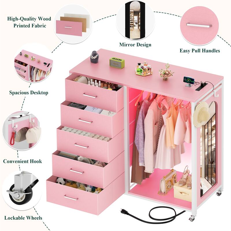 Kid's Closet Organizer with Fabric Drawers and Mirror, Rolling Dresser and Chest with Charge Station