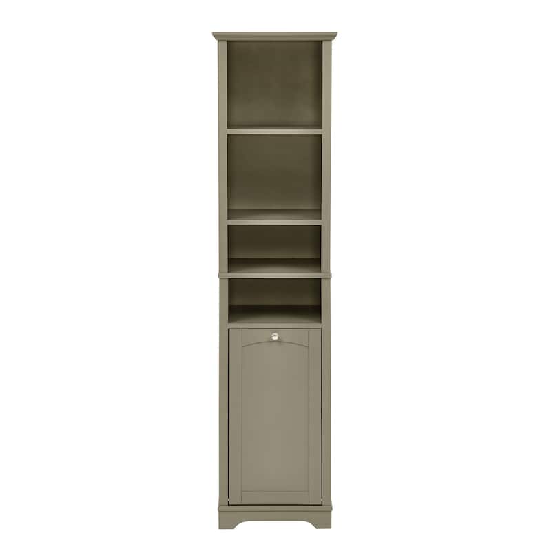 Roomfitters Tall Bathroom Storage Cabinet, Narrow Floor Organizer with Laundry Hamper, Small Space Linen Tower, Grey