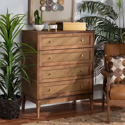 Ramiel Mid-Century Modern Ash Walnut Finished Wood and Rattan 4-Drawer Chest