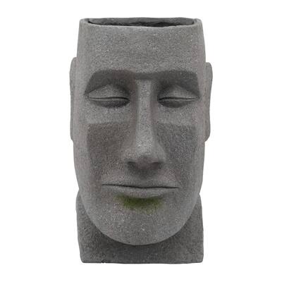 13 Inch Moai Head Design Resin Planter, Round Opening, Gray