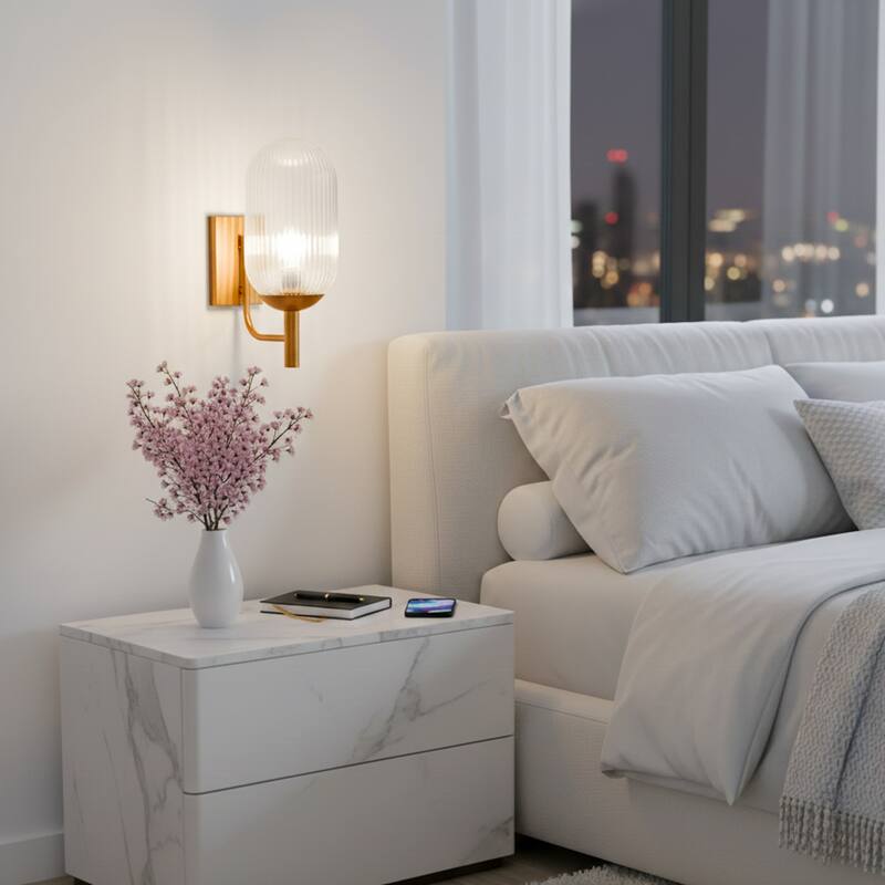 Sunny Ribbed Glass Wall Sconce with Brushed Bronze Base