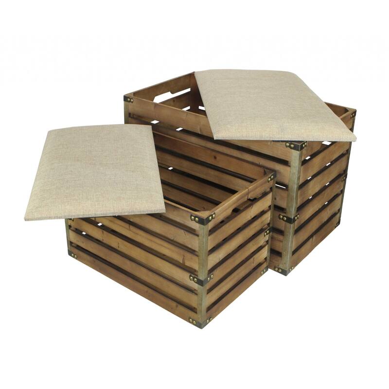 Wood Linen Upholstered Entryway Storage Benches Set with Flip Top - 14” D x 24” W x 17.5” H