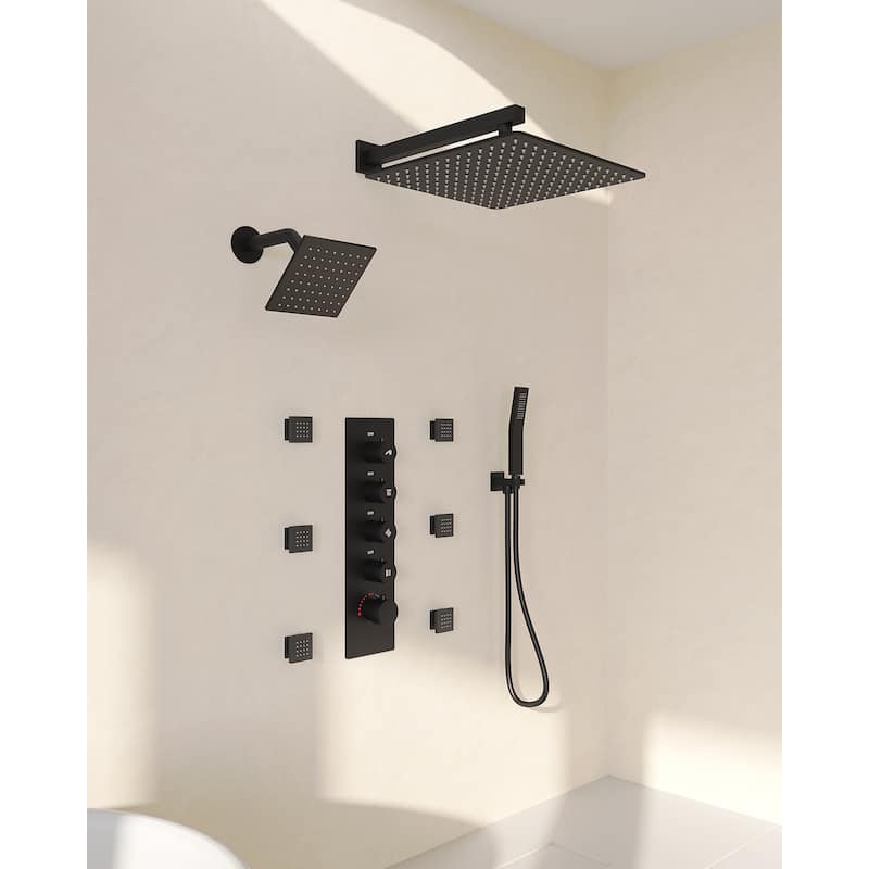 GRANDJOY Shower System Dual Shower Heads 16" and 6" Wall Mounted High Pressure Handheld Spray 6 Body Jets Thermostatic