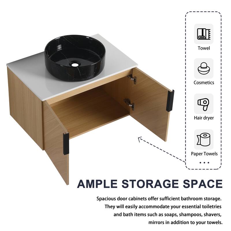 30" Bathroom Vanity with Matt Black Engineered Quartz Sink and Soft Black Drawers, Wall Mounted Floating Bathroom Vanity