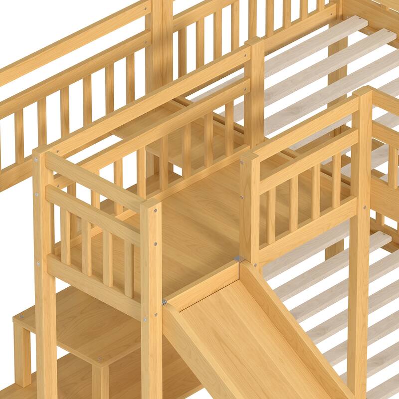 Twin House-shaped Bunk bed with Slide,Playhouse Bed with Storage Stairs, Two Placement Methods, Noise-free Design, Natural