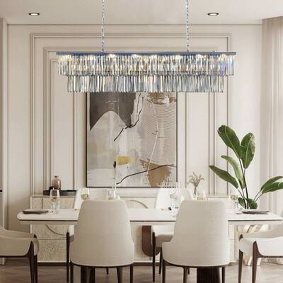 Brushed Nickel 20 Light Rectangular Crystal 60 Inch Chandelier - Brushed Nickel