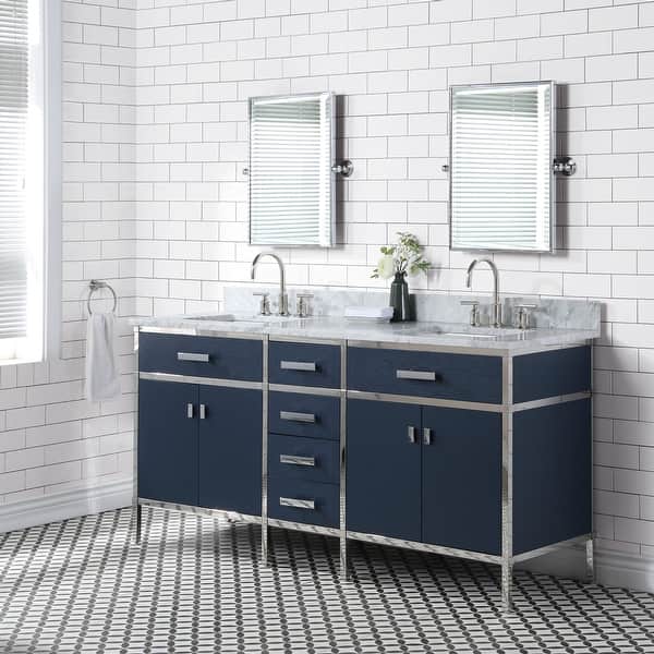 Marquis 72 In Double Sink Carrara White Marble Countertop Vanity In Monarch Blue With Hook Faucets And Mirrors Overstock