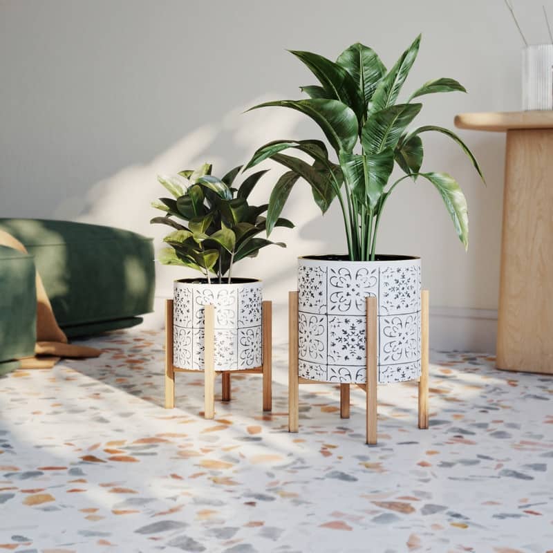 Tristan White & Black Indoor Metal Pot Planter With Kinsley Wood Base Set - 12"H x 10"W x 10"D