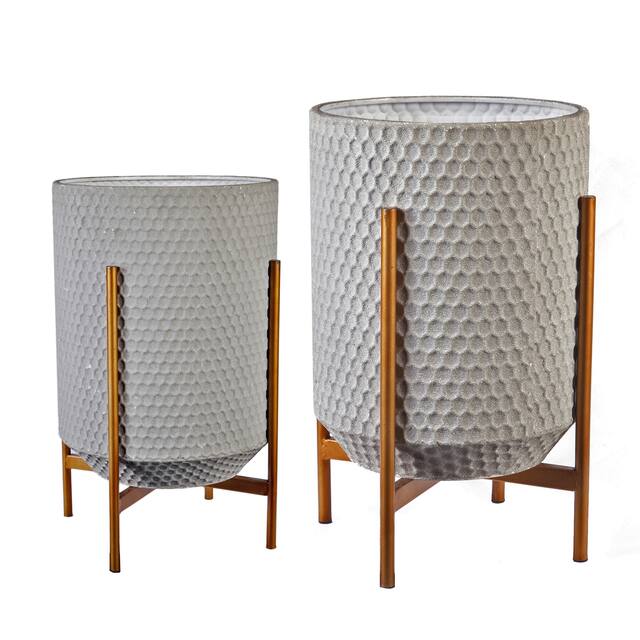 Set of 2 Grey Honeycomb Metal Cachepot Planters with Gold Stands