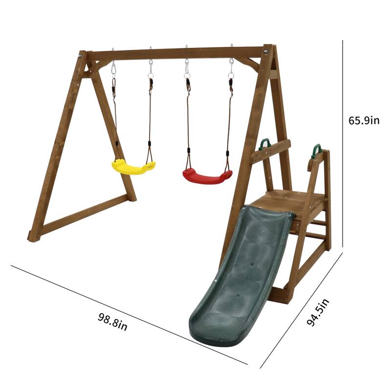 Wood Swing Set for Backyard, 2 in 1 Outdoor Swing Set with Slide