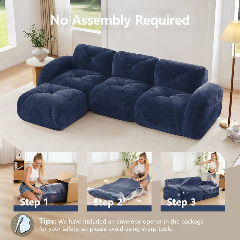 Rossetta 110'' 3-Seater L-Shaped Anti-Slip Design Retro Classic Color Velvet Tufted Modular Boneless Sofa with 1 Movable Ottoman