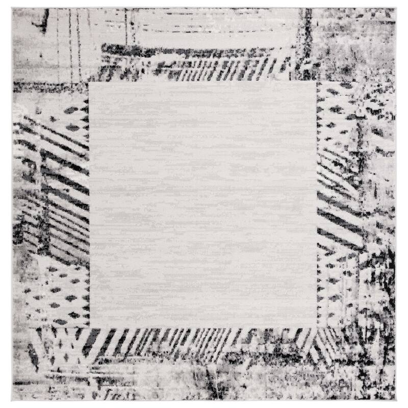 SAFAVIEH Skyler Otelia Modern Abstract Border Rug - 6'7" Square - Ivory Grey/Black