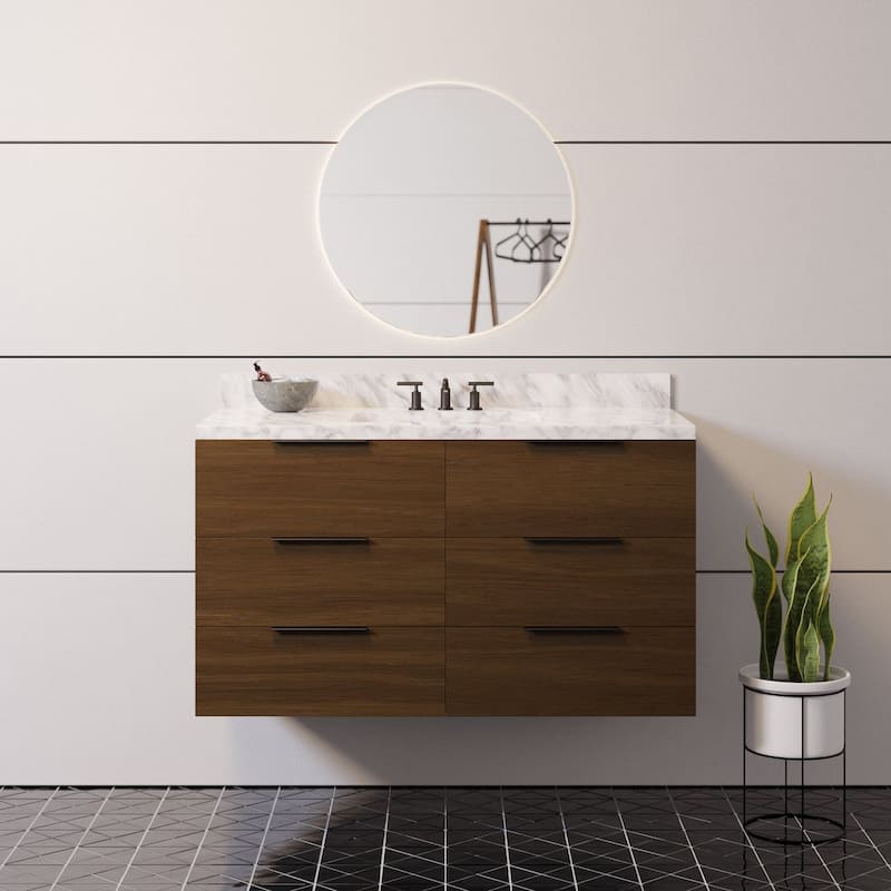 KitchenBathCollection Oslo 42" Floating Wall-Mounted Bathroom Vanity with Carrara Marble Top - Walnut