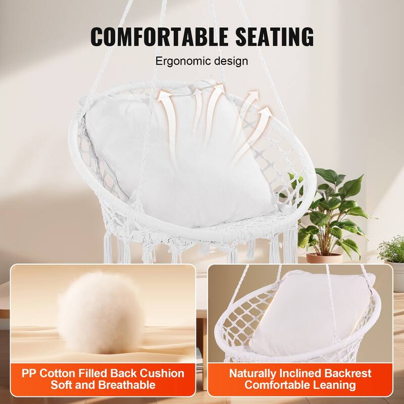 Hanging Hammock Swing Chair, Macramé Hanging Chair with Cushion and Mounting Hardware, Cotton Rope Swing Chair
