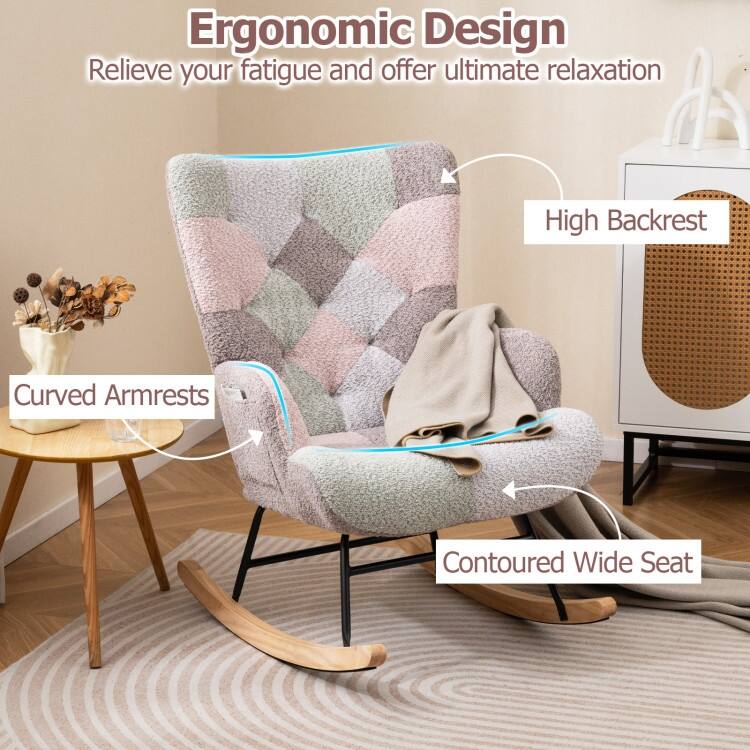 Multi-Color Boucle Sponge Metal Rocking Chair with Side Pocket and Ergonomic Design - 33" x 27" x 35"