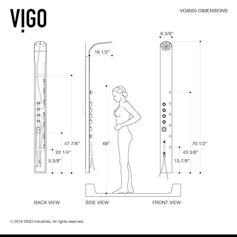 Vigo Brielle Shower Panel System with Hose, Hand Shower, Six Body
