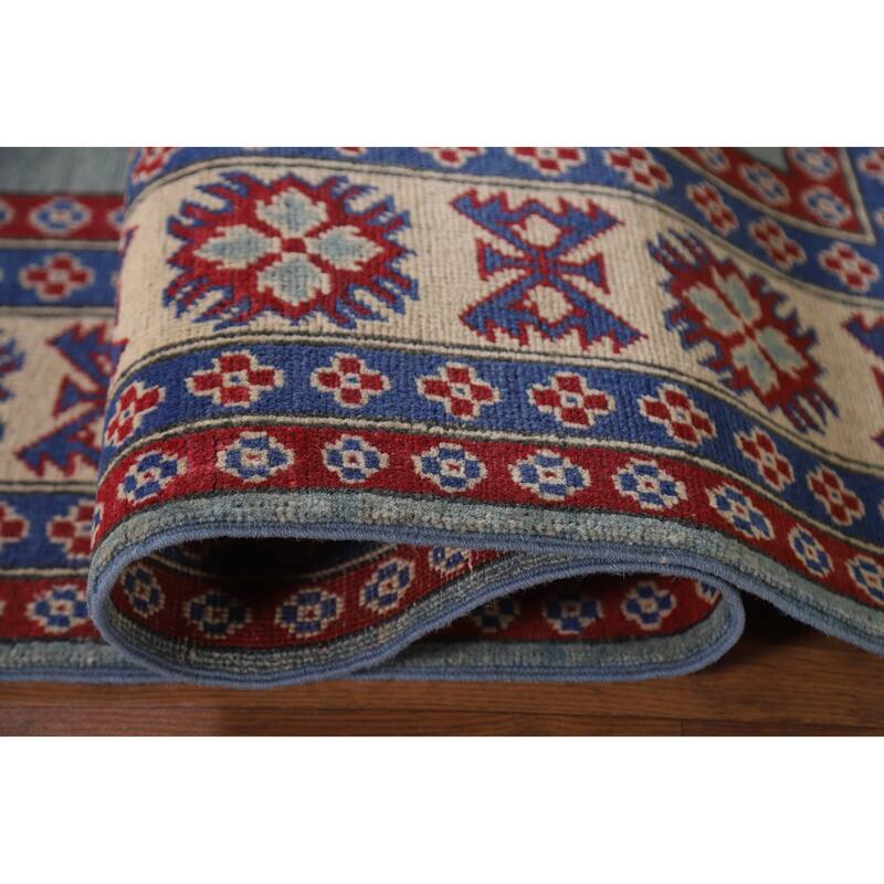 Hand Knotted Oriental 100% Wool Carpet Traditional Geometric Navy Blue & Blues Kazak Area Rug - 9' 8'' X 6' 8''