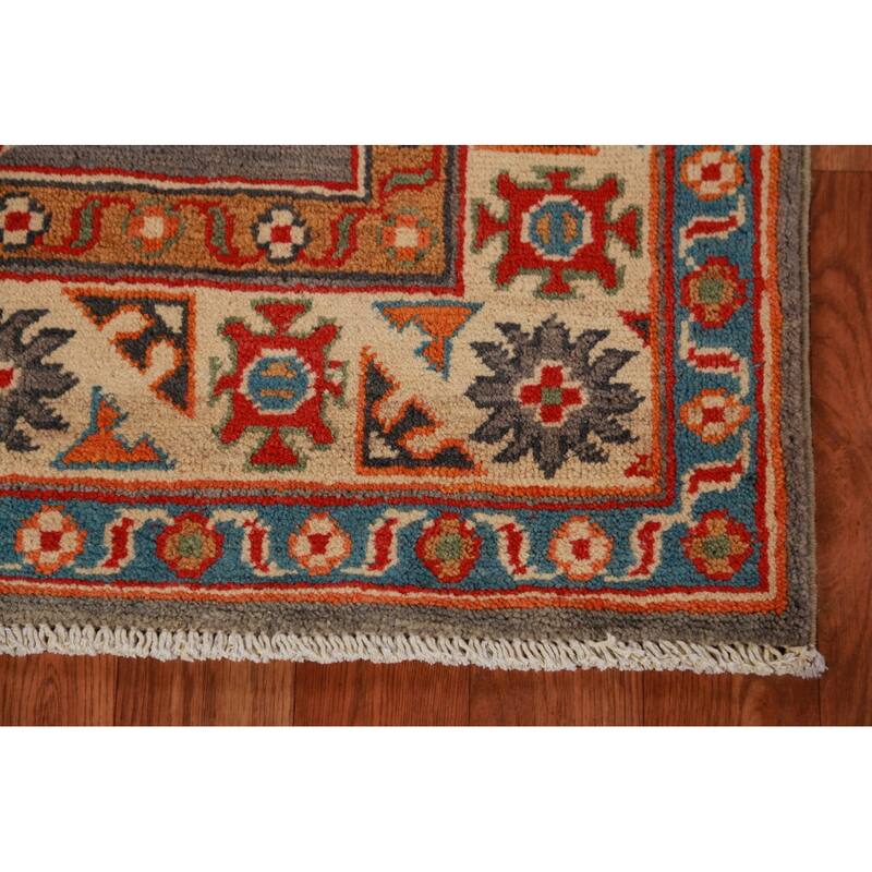 Geometric Grey Kazak Foyer Rug Hand-Knotted Oriental Wool Carpet - 2'8"x 4'0"