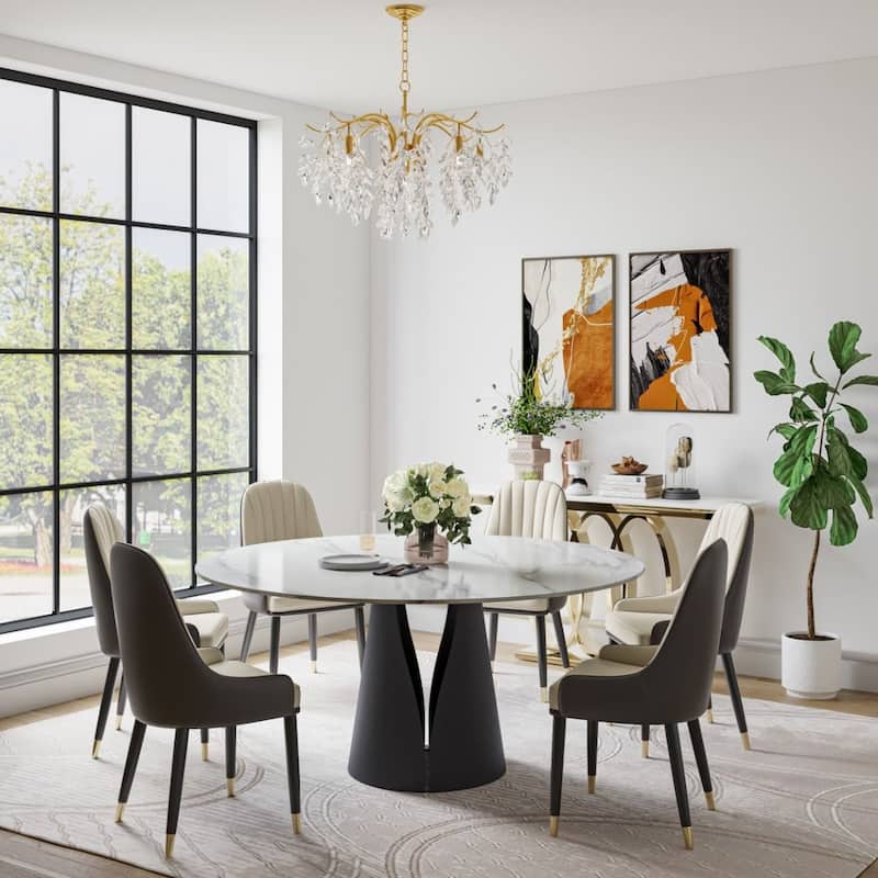 Modern Round White Dining Table，Sintered Stone Tabletop, Solid Black Carbon Steel Base
