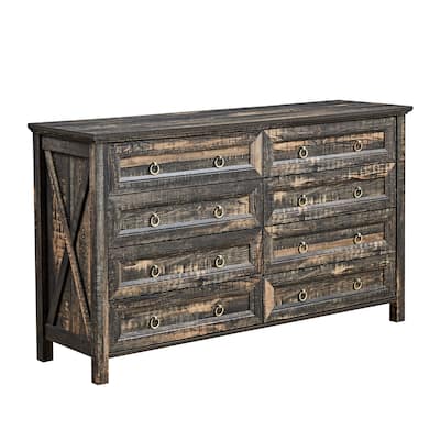 Farmhouse Style 8-Drawer Double Dresser with Rustic Wood Wide Finish and Metal Ring Handle