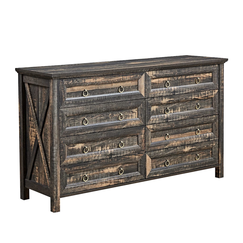 Farmhouse Style 8-Drawer Double Dresser with Rustic Wood Wide Finish and Metal Ring Handle