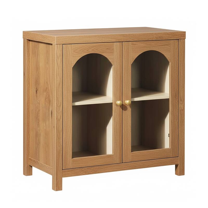 Walker Edison Modern Arched Glass Accent Cabinet with Brass Hardware - English Oak