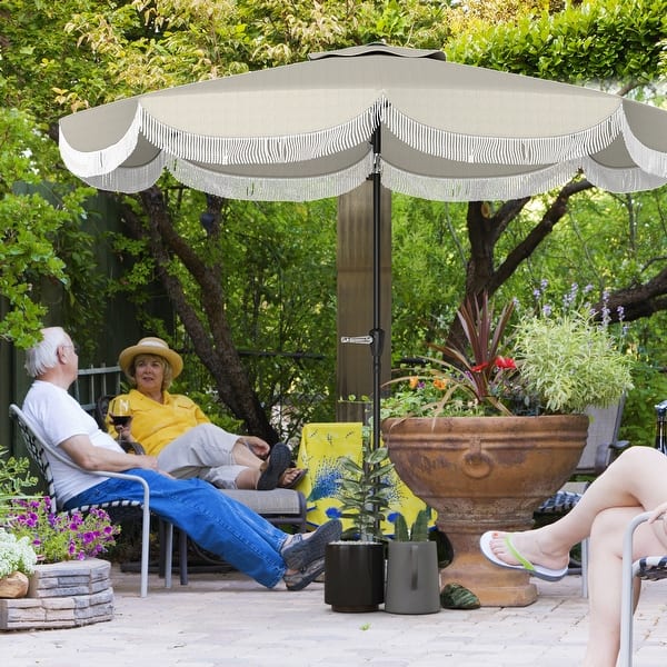 Outsunny 9FT Patio Umbrella, Outdoor Market Umbrella with Crank, 8 Ribs, Push Button Tilt, Vented Patio Table Umbrella - Light Gray
