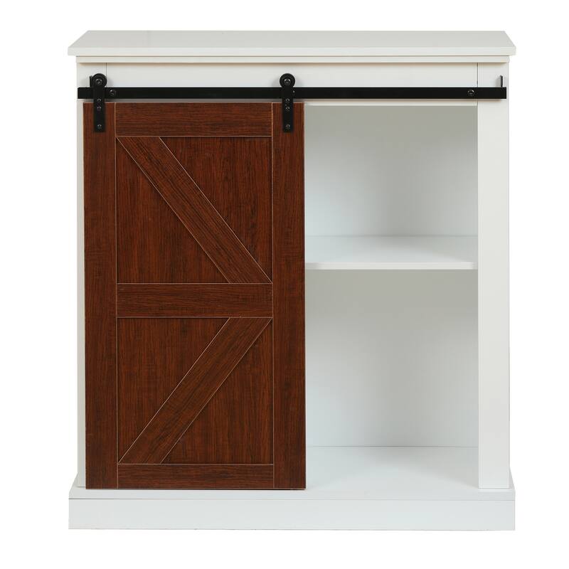 Sliding Barn Door Storage Cabinet - White Wood Accent Cabinet - Farmhouse Style Organizer