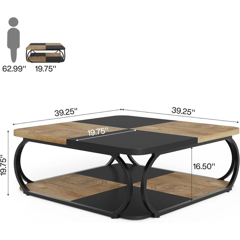 39" Large Square Wood Coffee Table, 2 Tier Tea Table with Storage Shelf, Center Table for Living Room & Home Office