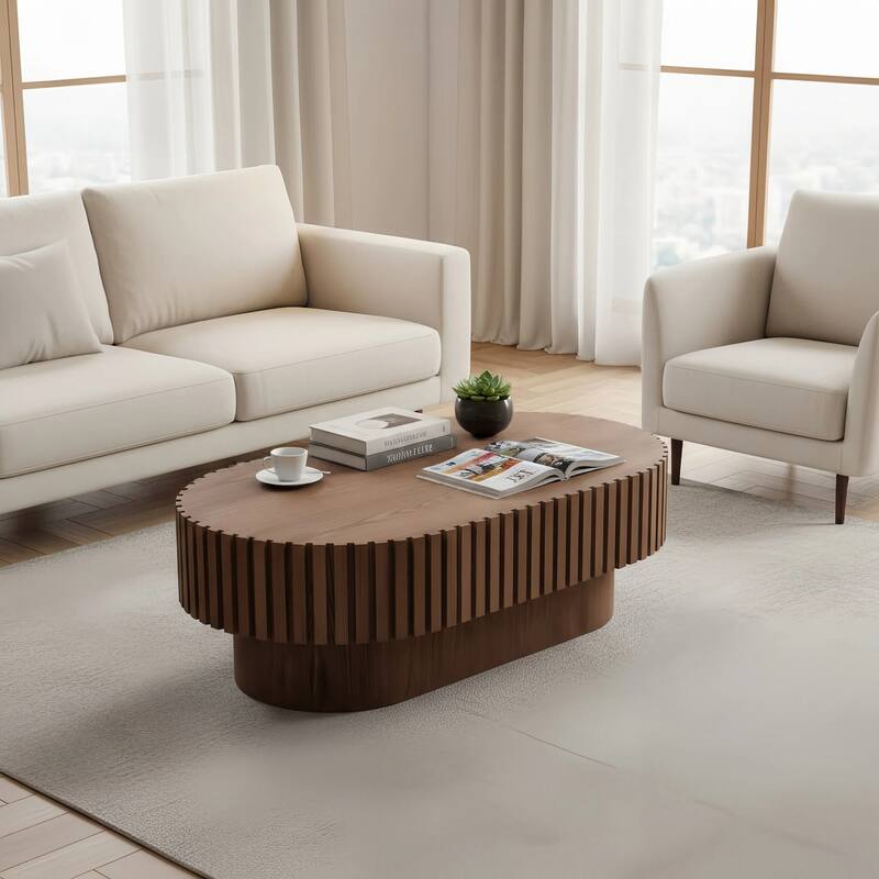 Oval Coffee Table for Living Room, Mid Century Modern Wooden Table with Pedestal, Unique Drum Tea Table Side Center Table