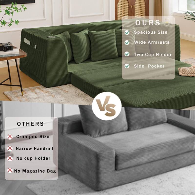 2 in 1 Convertible Sofa Bed, Sleeper Sofa with Storage Pockets, Pull Out Loveseat Couch with Two Cup Holders