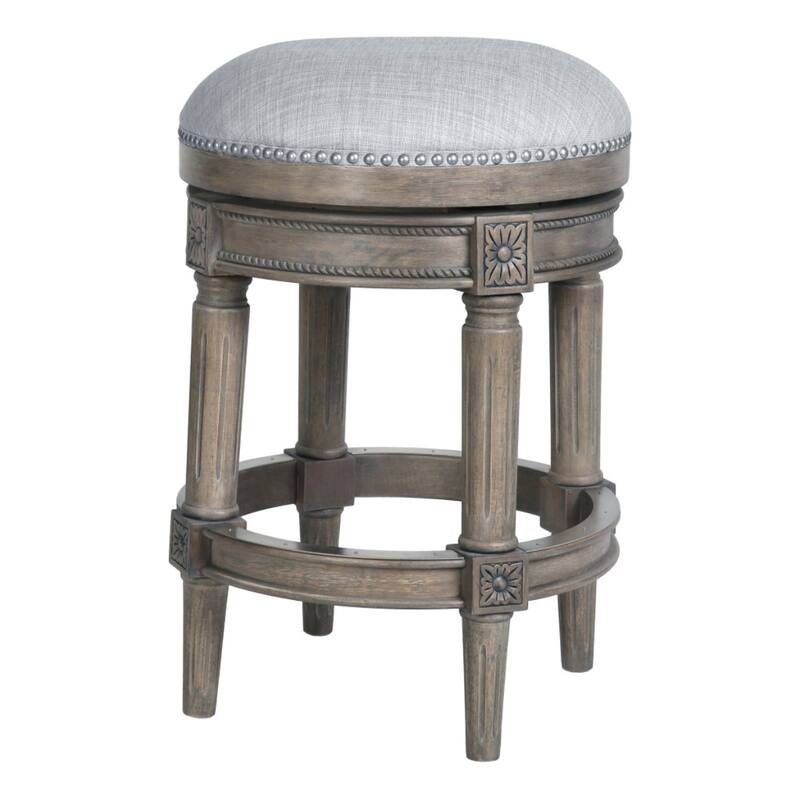 Linen Round Wood Swivel Stool with Nail Head Trim, Backless and Footrest - Grey 26"