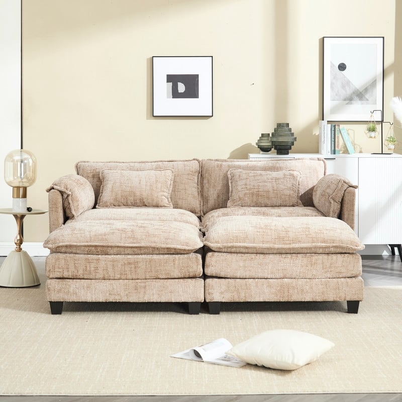 76.77" Chenille Upholstered Sofa with 2 Ottomans - Camel