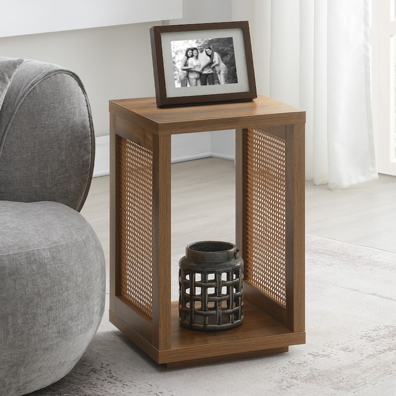 Square Weave End Table with Two Tier Shelves, Rattan Accent Sides and Modern Boho Inspired Storage Solution - 15.75