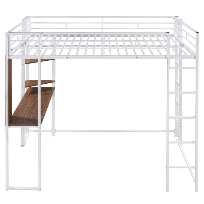 Full Size Metal Loft Bed with Desk and Shelves, Integrated Ladder and Guardrails
