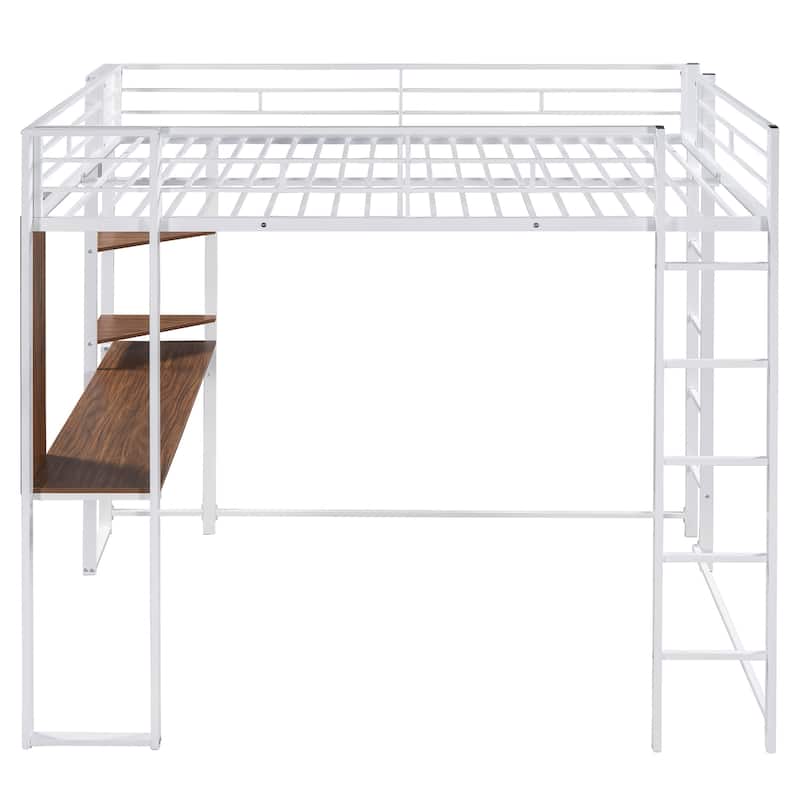 Metal Loft Bed with Desk and Shelving, Space-Saving Full-Size Frame for Bedrooms
