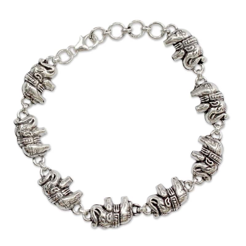 Handmade Sterling Silver 'Lucky Elephants' Link Bracelet (India) - White - 8.5 Inch