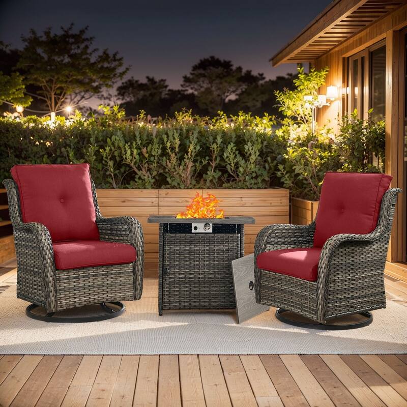 Gymojoy 3-Piece Outdoor Chair Set with Swivel Chairs & 55K BTU Fire Pit Table - Grey Wicker / Red Cusion - 3-Piece