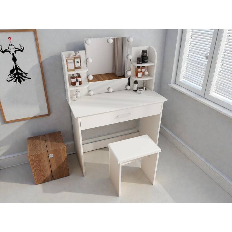 Modern One-Drawer Vanity Table with Adjustable Mirror, Stool & Storage Shelves, Compact Makeup Desk for Small Bedrooms
