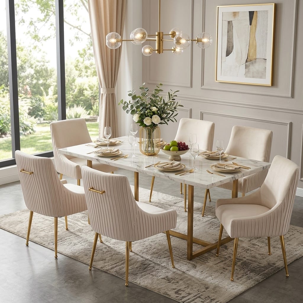 SEYNAR Modern Glam Boucle Pleated Velvet Dining Chair or Vanity Chair Set of 6 with Rear Handle