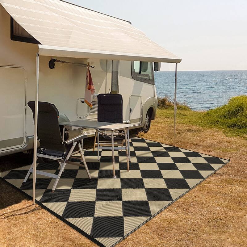 Outdoor Rug Waterproof Reversible Rug Plastic Straw Rug Checkered Floor Mat Outside Carpet for Camping RV Backyard Patio