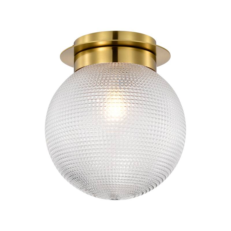 Gruste Brass Flushmount Ceiling Lamp with Pyramidical Patterned Glass Globe Shade