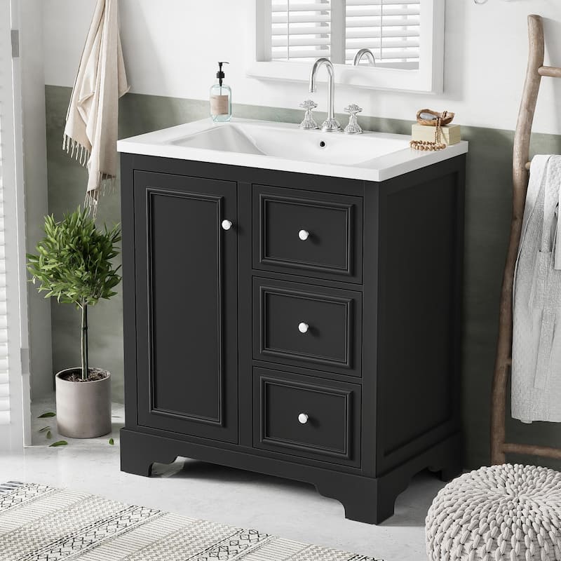 30-Inch Bathroom Vanity with Ceramic Basin, Freestanding Bathroom Storage Cabinet with 3 Drawers and Adjustable Shelves