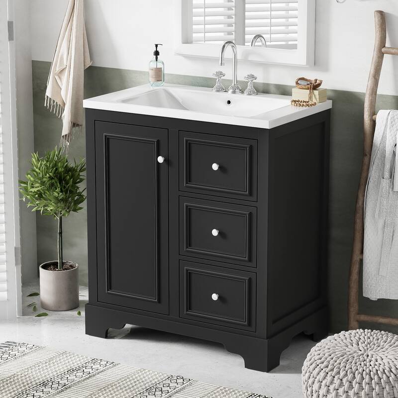 GDFStudio - Aster 30" Bathroom Vanity Cabinet with Basin, 3 Drawers & Adjustable Shelves - without Mirror - Black