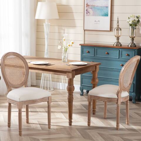 Upholstered Fabrice With Rattan Back French Dining Chair with rubber legs,Set of 2,Beige