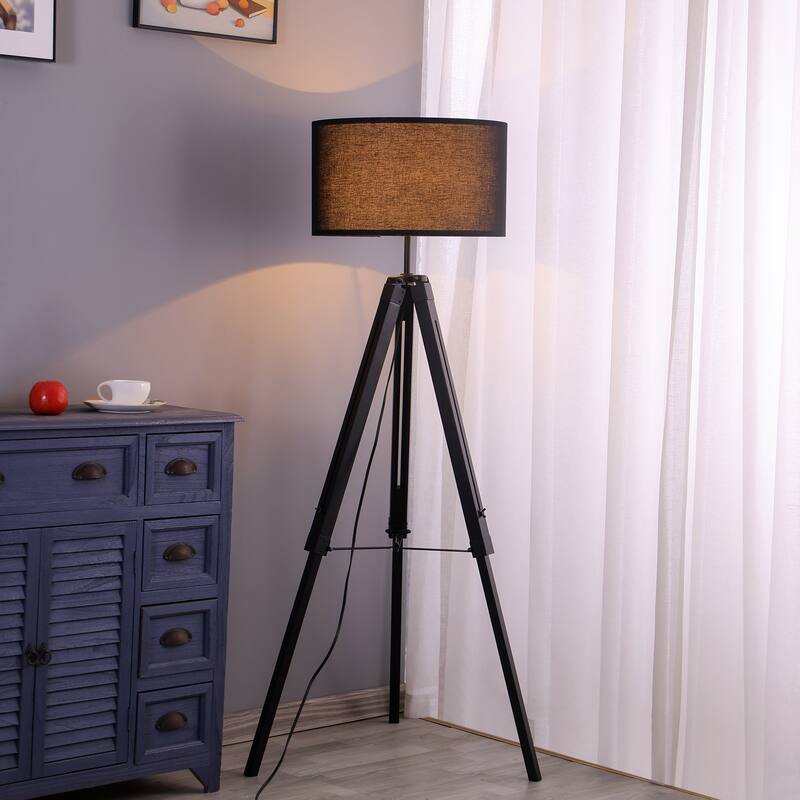 58 in. Modern Tripod Floor Lamp with Rubberwood Base and Linen KD Lampshade, Adjustable Height for Bedroom, Living Room