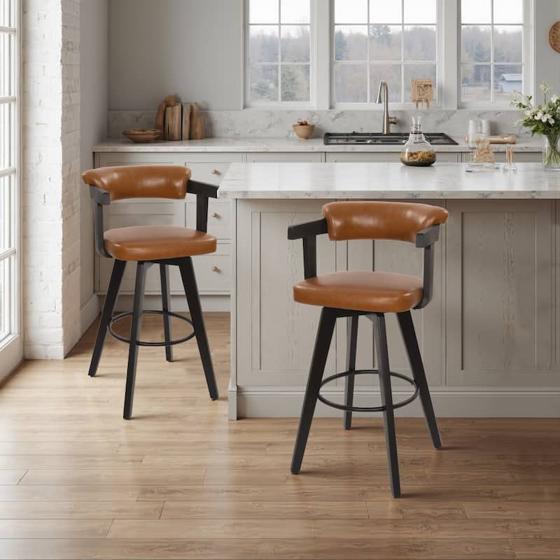 Solid Wood and Faux Leather Swivel Barstool (Set of 2) - Brown