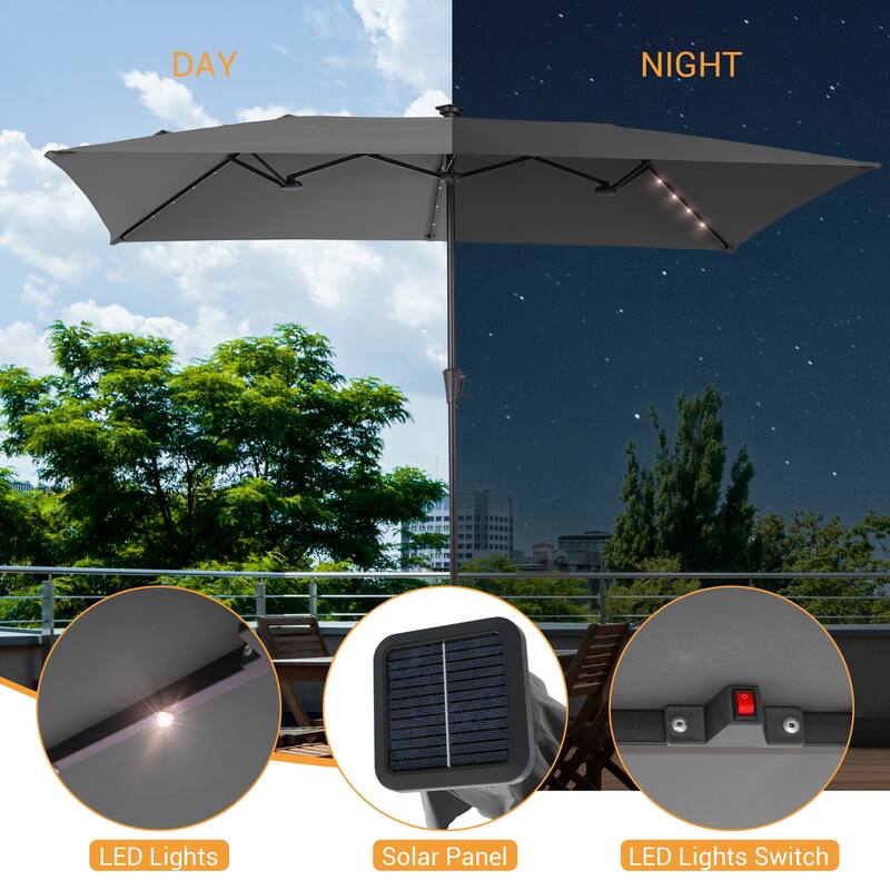 LIVOOSUN 11x7Ft/10x6.5ft LED Large Double-Sided Rectangular Outdoor Patio Market Umbrella with Crank, Navy Blue